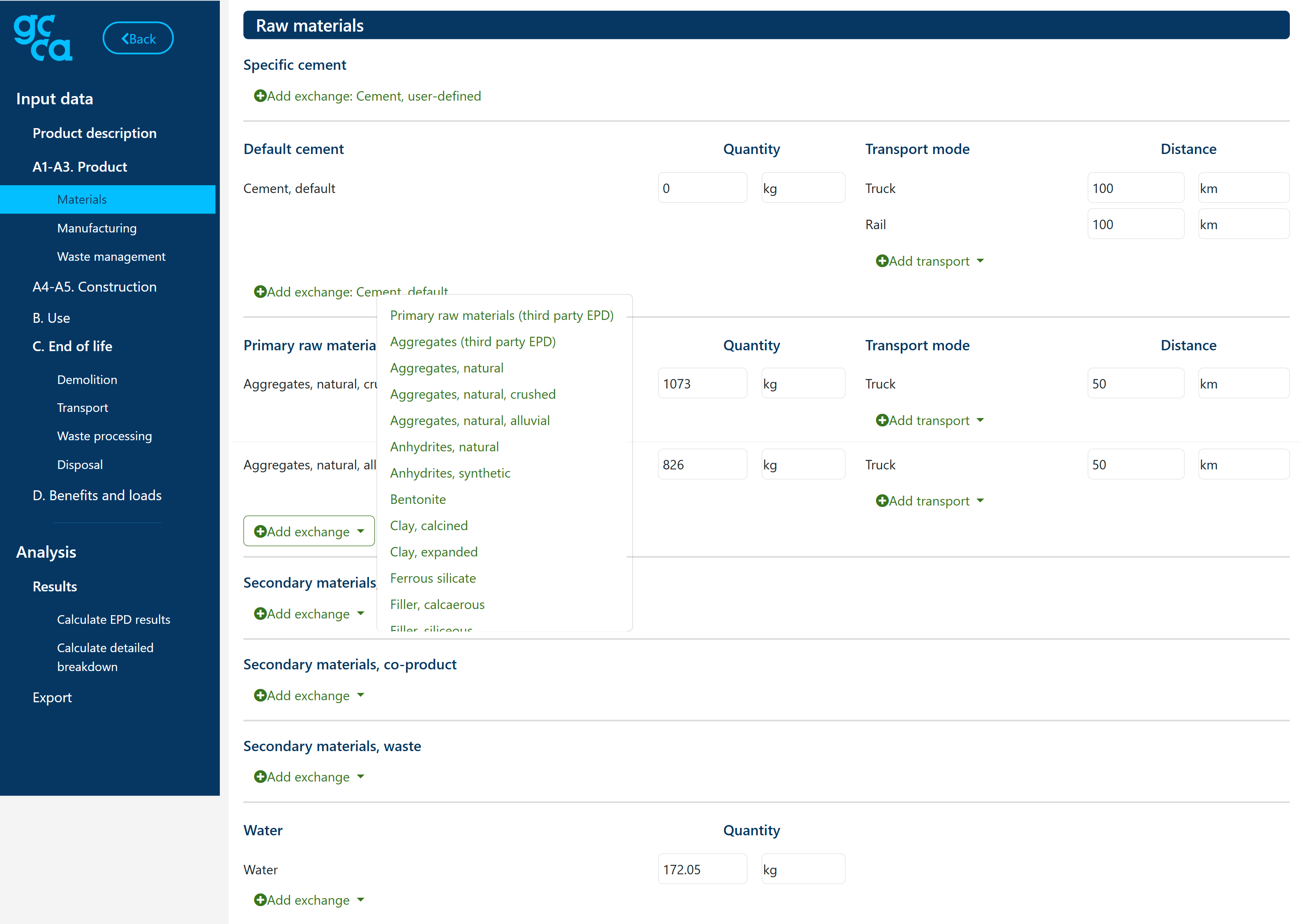 GCCA EPD Tool materials data entry screen