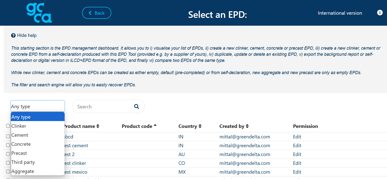 GCCA EPD Tool dashboard listing EPDs by product type
