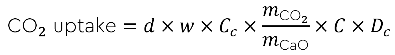 CO2 uptake equals d times w times Cc times the ratio of molar masses of CO2 and CaO times C times Dc
