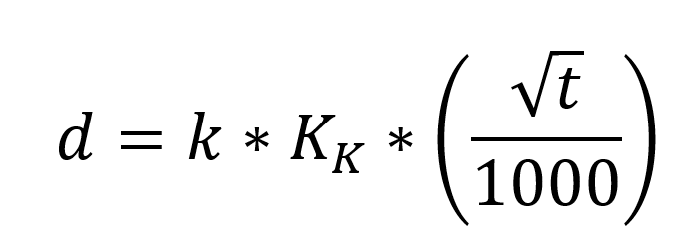 d equals k times KK times the square root of t divided by 1000